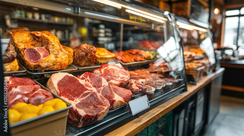 A premium butcher shop with an elegant meat display case showcasing fine cuts of beef and pork, under soft lighting with polished glass