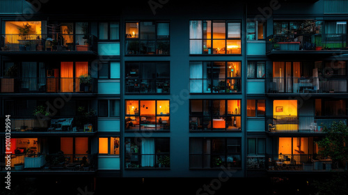 A quiet urban apartment block at night, with the silhouettes of residents visible through lit windows, framed by distant city lights