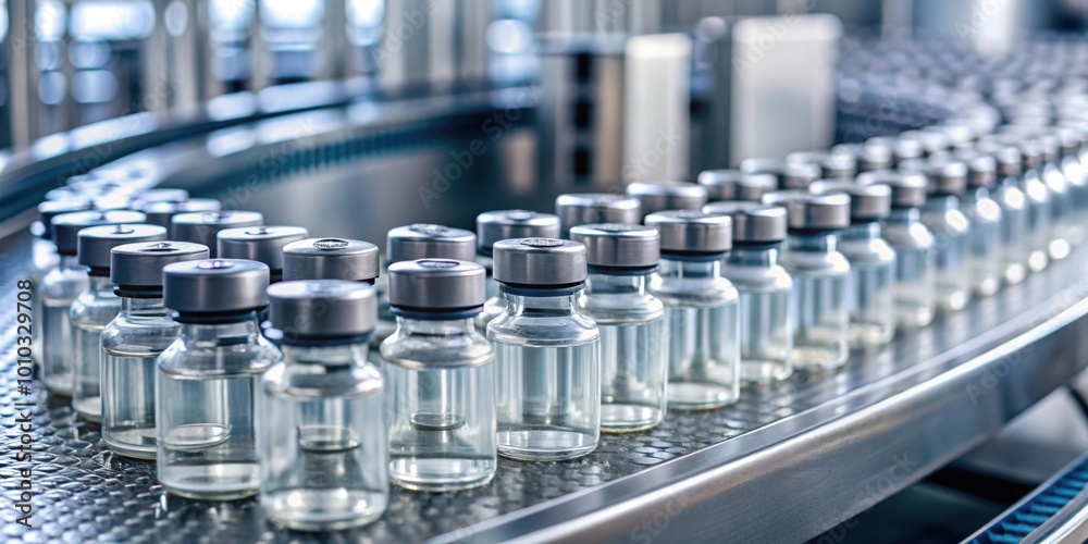 Close-up view of vaccine vials on a conveyor belt in a pharmaceutical plant, vaccine, vial, medication Close-up view of vaccine vials on a conveyor belt in a pharmaceutical plant, vaccine, vial, medication