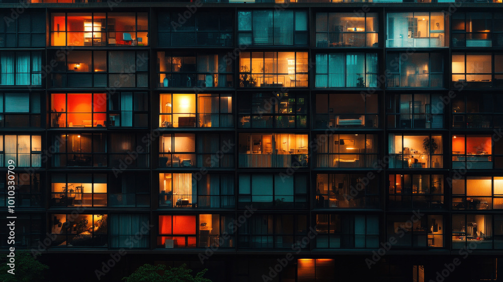 Apartment windows glowing in the night, with silhouetted figures inside and the distant city lights casting a soft glow Apartment windows glowing in the night, with silhouetted figures inside and the distant city lights casting a soft glow