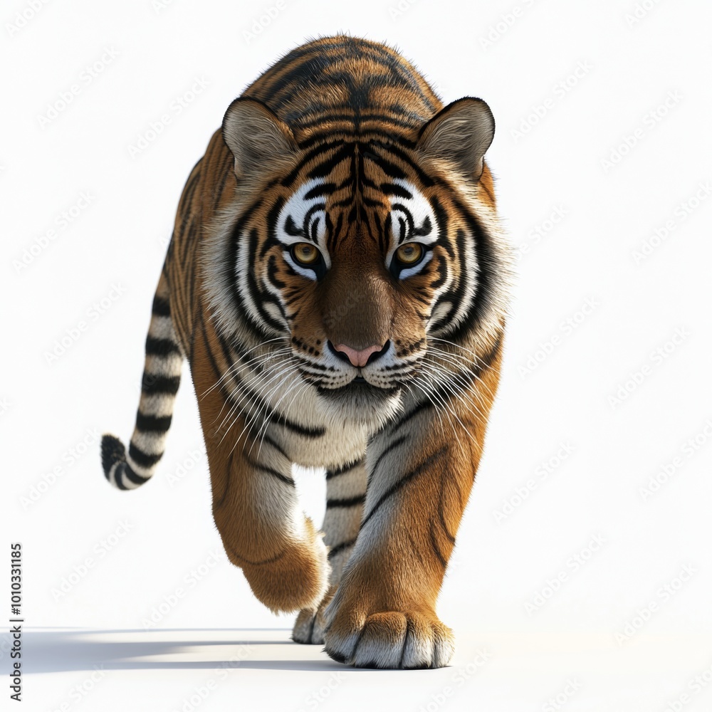 Obraz premium Majestic Tiger Walking Towards Camera Wild Cat Portrait Stripes Orange Fur White Backg