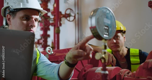 Engineers Analyzing Equipment inspects industrial piping while using a laptop in a Factory, Focused on Pressure Gauge Readings for Maintenance and Safety Checks, conveys professionalism and attention 