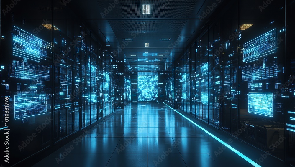 A digital rendering of an advanced data center with glowing blue lights and holographic displays A digital rendering of an advanced data center with glowing blue lights and holographic displays