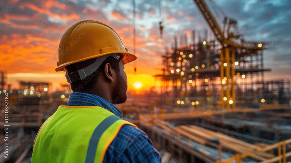 Engineer overseeing bridge construction at dusk, standing on-site as the bridge takes shape, framed by sunset Engineer overseeing bridge construction at dusk, standing on-site as the bridge takes shape, framed by sunset