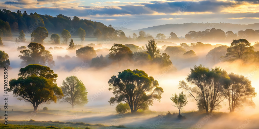 Misty Dawn Valley: Sunlit trees emerge from a sea of morning mist, creating a tranquil and ethereal landscape. The soft light paints the scene in warm hues, evoking a sense of peace and serenity. Misty Dawn Valley: Sunlit trees emerge from a sea of morning mist, creating a tranquil and ethereal landscape. The soft light paints the scene in warm hues, evoking a sense of peace and serenity.