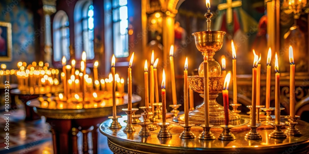 Φωτογραφία Burning wax candles in an orthodox church , orthodox, church, temple, religious,