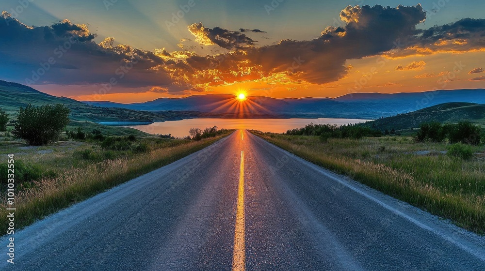Naklejka premium The empty road leading to the lake by sunset