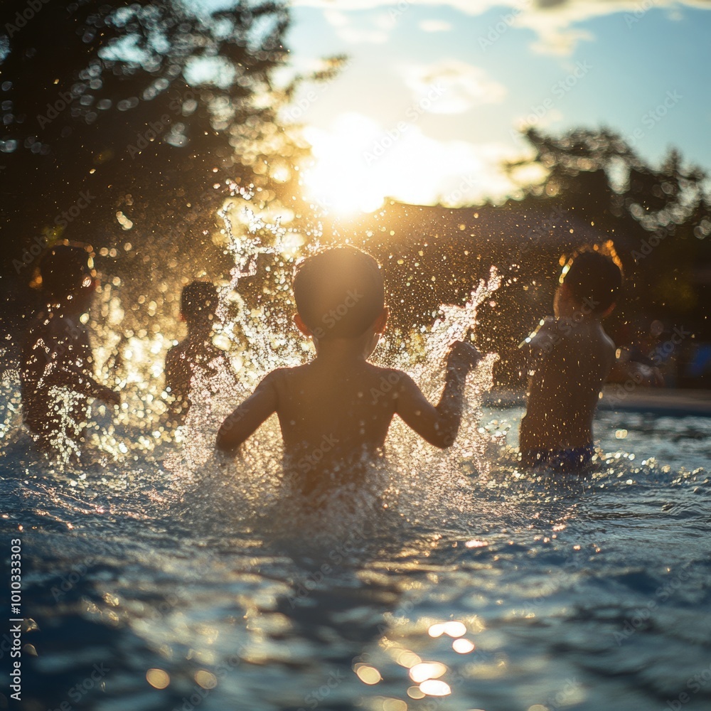 Kids Splashing in Pool at Sunset Summer Fun Kids Splashing in Pool at Sunset Summer Fun