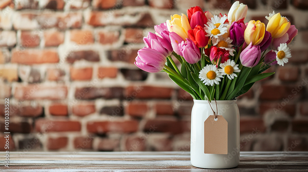 Fotografie Colorful tulips  on a brick wall background