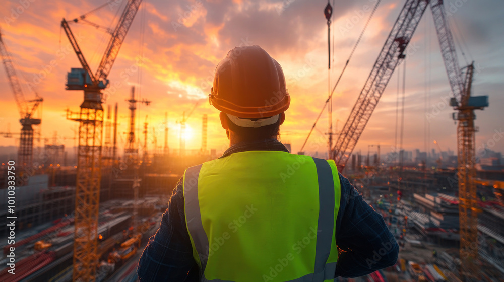 Silhouette of an engineer overseeing crane operations at dusk, standing on-site with cranes moving materials behind Silhouette of an engineer overseeing crane operations at dusk, standing on-site with cranes moving materials behind