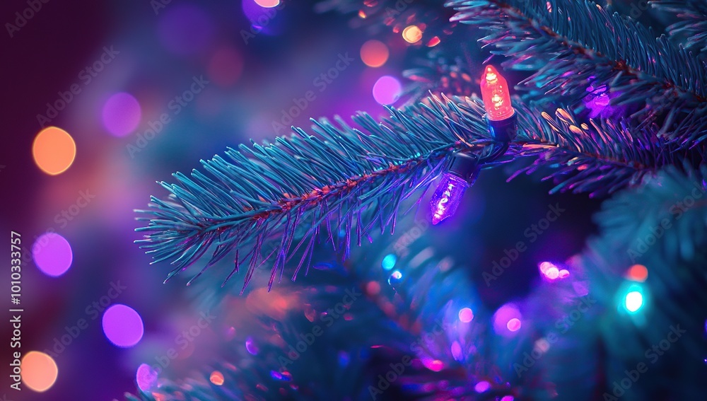 A close-up of vibrant neon purple and blue Christmas lights wrapped around the branches of an evergreen A close-up of vibrant neon purple and blue Christmas lights wrapped around the branches of an evergreen