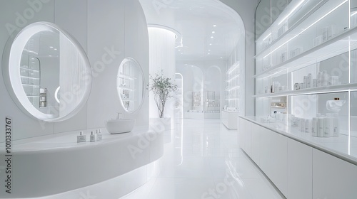 Minimalist White Interior with Circular Mirrors and Shelving photo