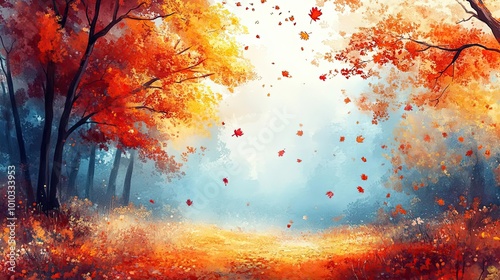 A serene autumn forest scene with vibrant orange, red, and yellow leaves, softly falling to the ground. The sky is light blue with warm sunlight shining through.