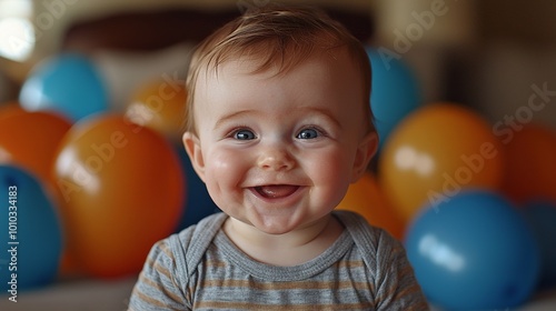 A joyful baby smiles amidst colorful balloons, capturing a moment of happiness.