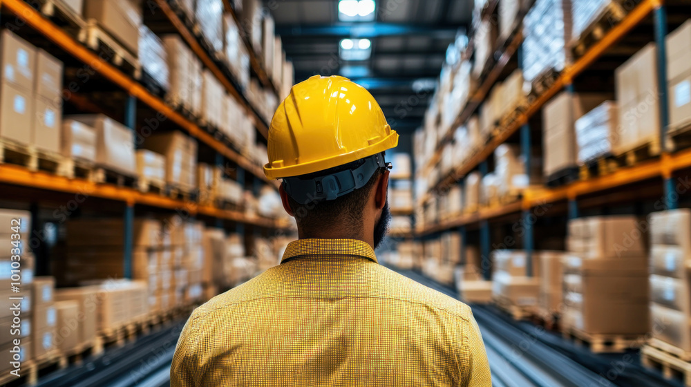 Warehouse worker overseeing automated delivery systems, with boxes being moved on conveyor belts towards the dispatch area Warehouse worker overseeing automated delivery systems, with boxes being moved on conveyor belts towards the dispatch area