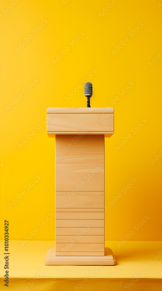 Wooden Podium with Microphone on Yellow Background Speech Presentation Conference Eve Wooden Podium with Microphone on Yellow Background Speech Presentation Conference Eve