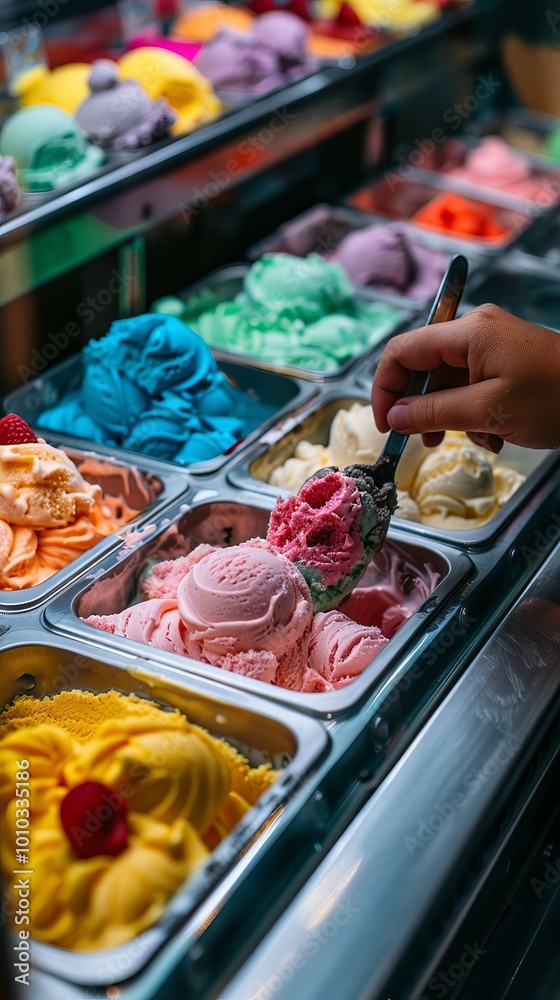 Fototapeta premium Delicious Ice Cream Scoops Displayed In Metal Trays