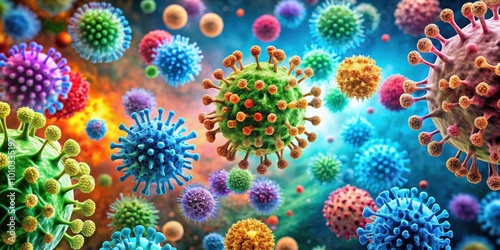 Vibrant collage of various viruses illustrating the diversity of pathogens in health and science, virus, colorful