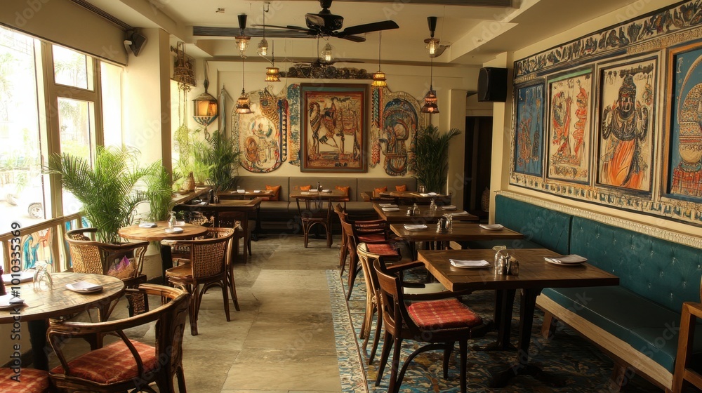 A beautifully decorated restaurant in India featuring a blend of modern elements and traditional Indian artwork, exuding a vibrant ambiance. A beautifully decorated restaurant in India featuring a blend of modern elements and traditional Indian artwork, exuding a vibrant ambiance.