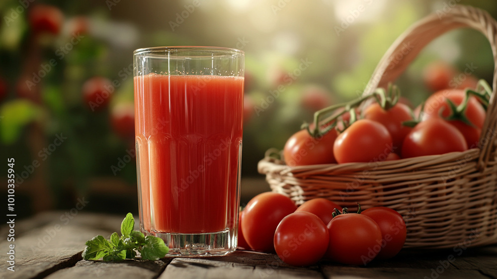 glass with fresh tomato juice and basket full of tomatoes glass with fresh tomato juice and basket full of tomatoes
