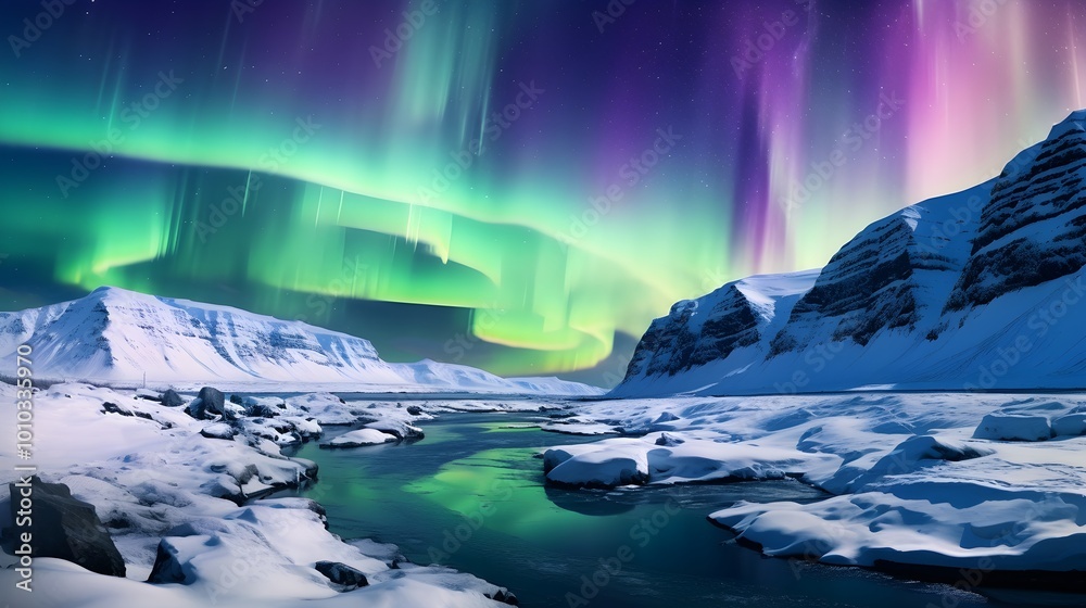 Northern Lights Display Over Frozen River and Mountains Northern Lights Display Over Frozen River and Mountains
