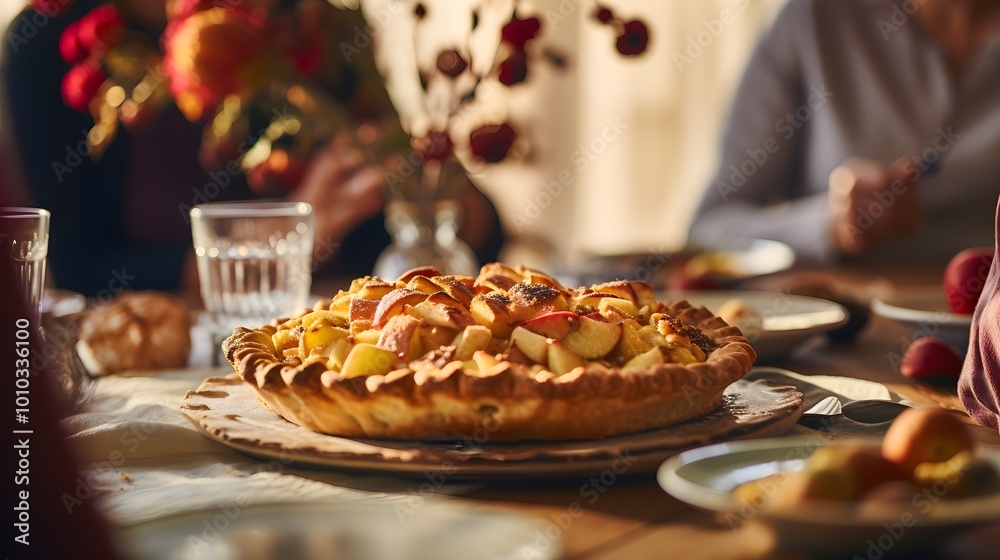 Delicious Apple Pie on Table with Family Gathering for Dinner Delicious Apple Pie on Table with Family Gathering for Dinner