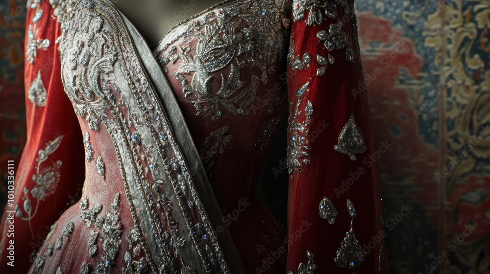 A beautifully embroidered evening dress with diamond sequins, gracefully draped on a full figure, against a striking background. Realistic, highly detailed A beautifully embroidered evening dress with diamond sequins, gracefully draped on a full figure, against a striking background. Realistic, highly detailed