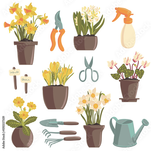watering can, garden tools and pots with spring flowers, isolated at white background, hand drawn illustration