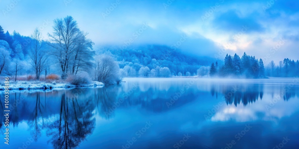 Φωτογραφία Blue lake in winter covered in fog and mist, winter, blue lake, fog, mist, snowy