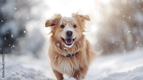 Happy Golden Retriever Dog Running in Snow Winter Fun Pet Portrait