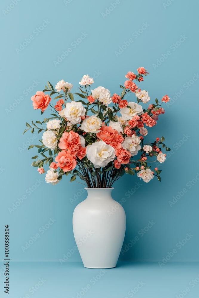 Fototapeta premium Vibrant Flowers in a Vase Against a Blue Background