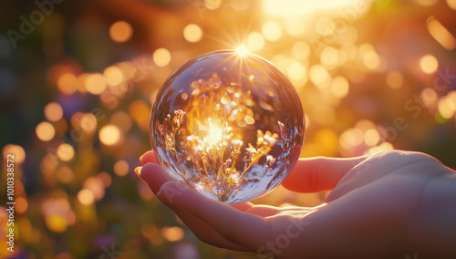 Hand holding crystal ball, nice background boked photo