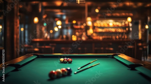 A billiards table in a cozy bar, illuminated by warm ambient lighting, with glasses and pool cues in the background. Realistic, highly detailed