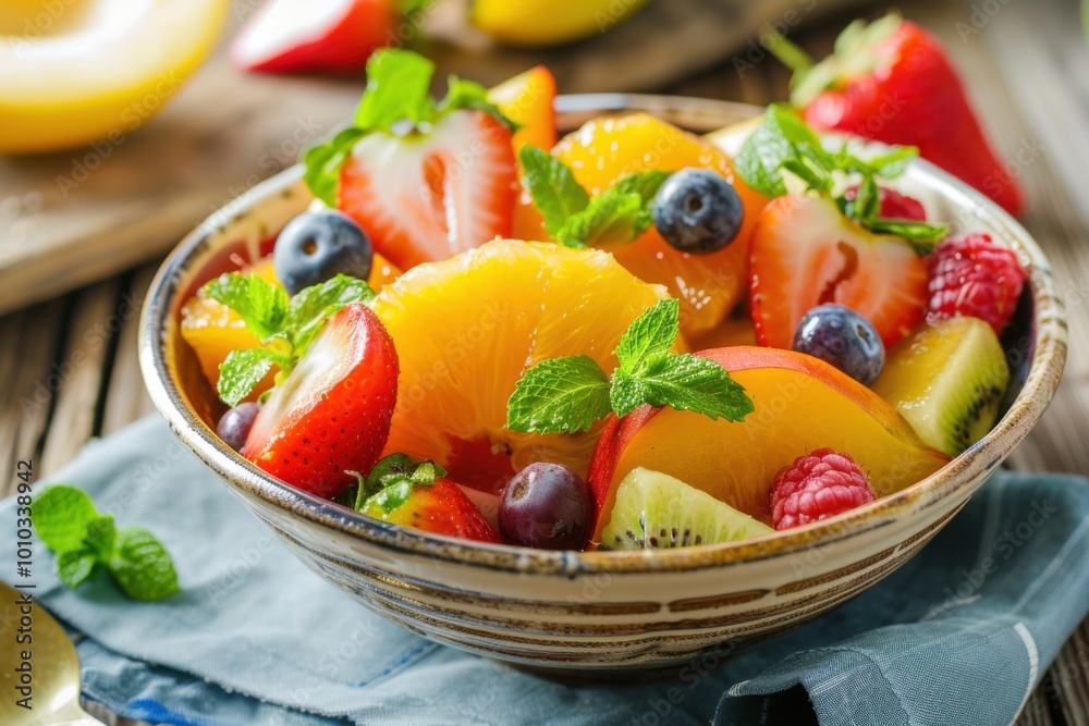 Vibrant mixed fruit salad with berries, kiwi, and mint for a refreshing summer treat Vibrant mixed fruit salad with berries, kiwi, and mint for a refreshing summer treat