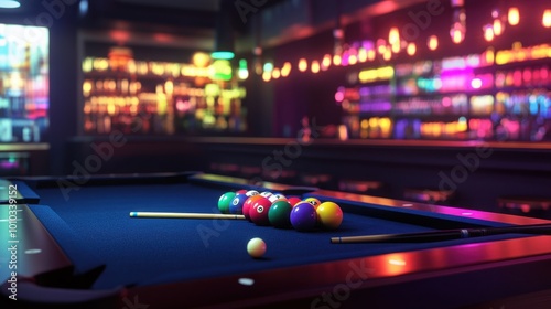 A billiards table in a dimly lit bar with colorful lights reflecting off the balls and table. Realistic, very detailed