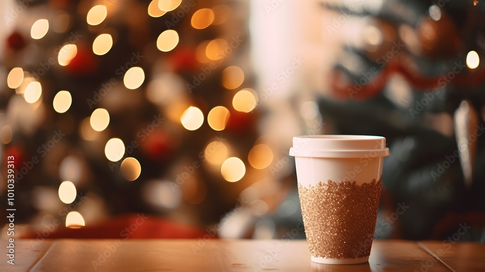 Festive Coffee Cup with Sparkling Lights Blurred Christmas Tree Background Festive Coffee Cup with Sparkling Lights Blurred Christmas Tree Background
