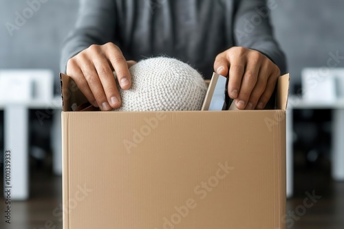 Sad worker placing personal items into a cardboard box, empty cubicles in the background, Layoffs, career displacement