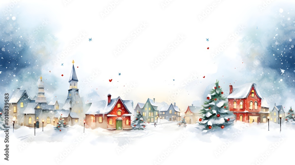 Watercolor Winter Village Christmas Scene With Snowy Houses Church and Christmas Tree Watercolor Winter Village Christmas Scene With Snowy Houses Church and Christmas Tree