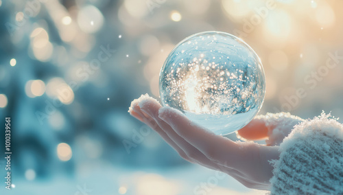 Hand holding crystal ball, nice background boked photo