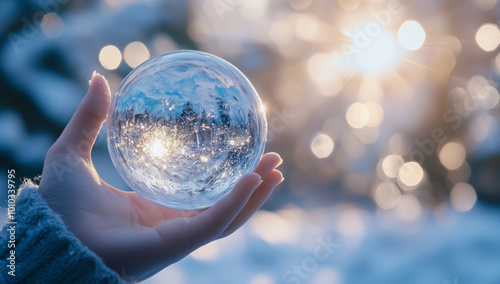 Hand holding crystal ball, nice background boked photo