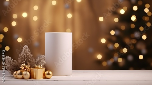 Festive Christmas Mockup with White Cylinder Gold Ornaments and Bokeh Lights