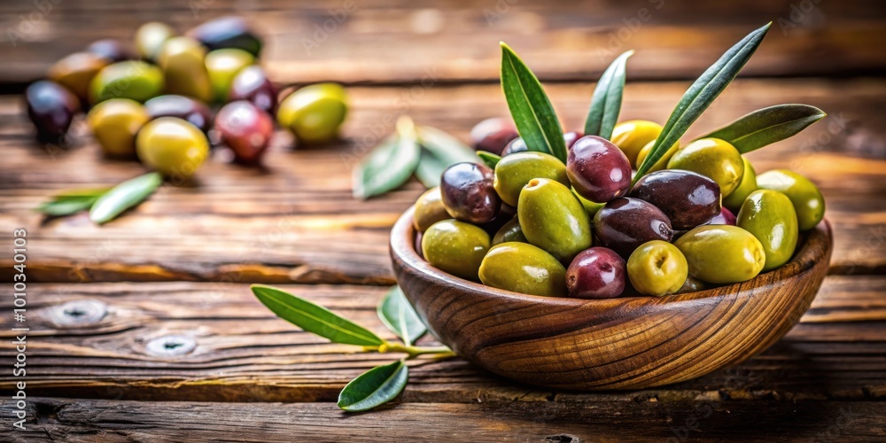 Φωτογραφία Close up of fresh olives on a wooden table, healthy, Mediterranean, food, green,