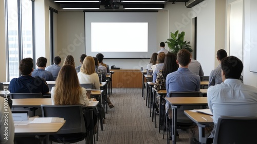 Classroom Presentation with Projector Screen and Students