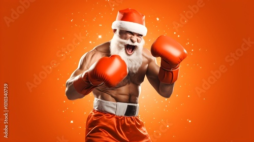 Muscular Santa Claus Boxing in Red Gloves with Festive Orange Background photo