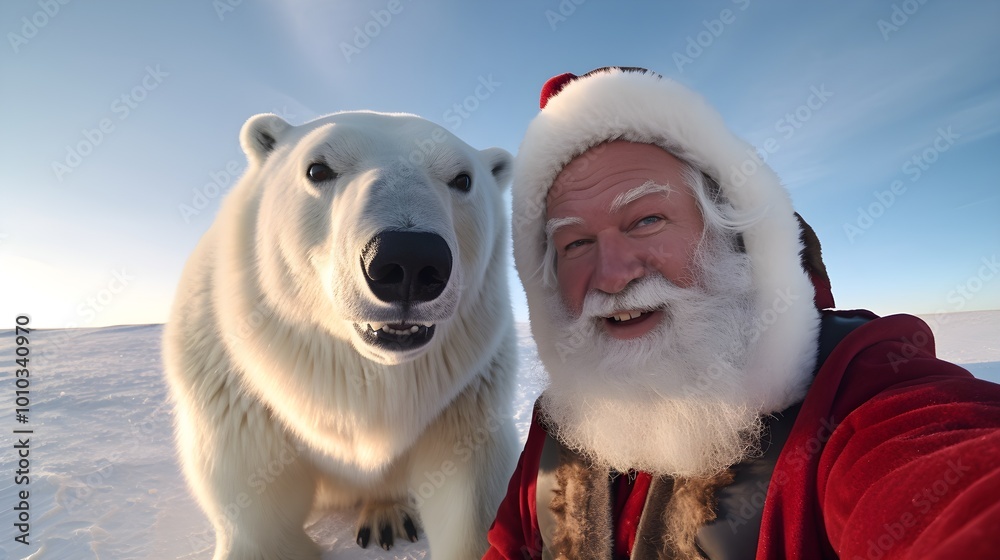Santa Claus Selfie with Polar Bear in Snowy Landscape Winter Holiday Fun Santa Claus Selfie with Polar Bear in Snowy Landscape Winter Holiday Fun