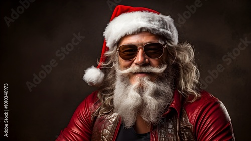 Cool Santa Claus in Sunglasses and Leather Jacket