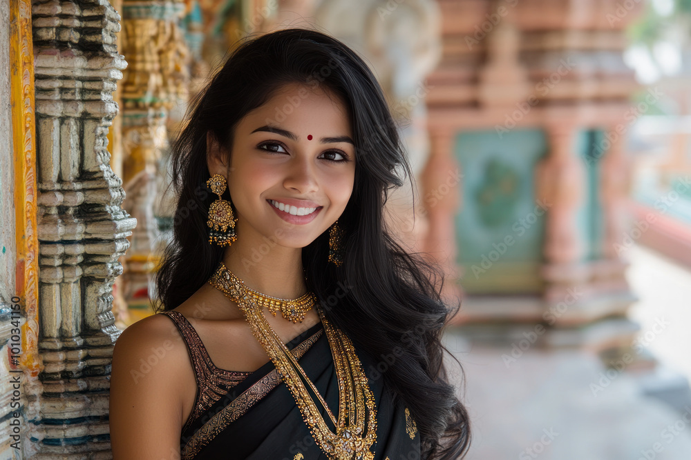 Φωτογραφία Malay woman wearing saree traditional cloth smile at Hindu temple