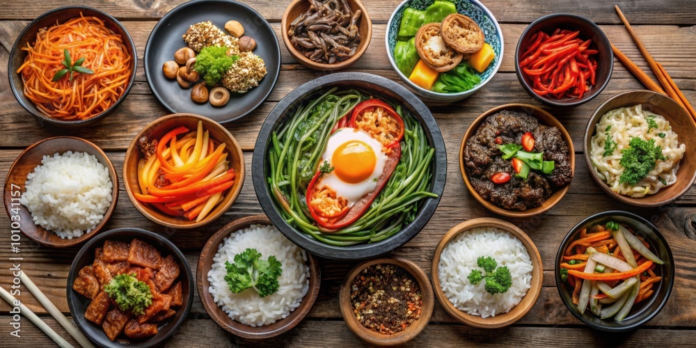 Traditional Korean dishes assortment including bibimbap, kimchi, bulgogi, and japchae, Korean, traditional, dishes, assortment Traditional Korean dishes assortment including bibimbap, kimchi, bulgogi, and japchae, Korean, traditional, dishes, assortment