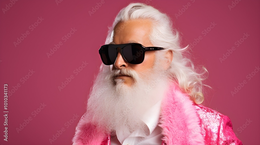 Cool Senior Man with White Beard and Long Hair in Pink Fur Coat and Sunglasses Cool Senior Man with White Beard and Long Hair in Pink Fur Coat and Sunglasses