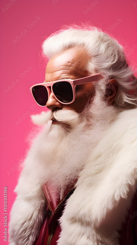 Cool Santa Claus with White Beard and Pink Sunglasses on Pink Background Cool Santa Claus with White Beard and Pink Sunglasses on Pink Background